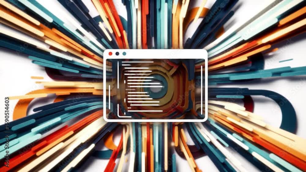 Poster dynamic abstract design with converging colorful lines and window graphic on white background