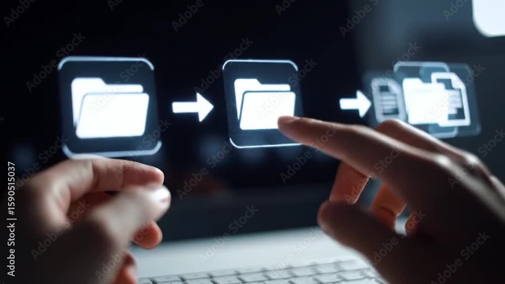 Poster file transfer interface on laptop screen with fingers interacting in a digital workflow against a da