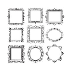 A diverse collection of nine handdrawn ornate frames and borders in various shapes, offering vintage and decorative design elements