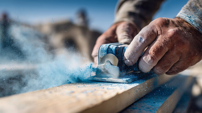 Skilled carpenter using hand planer on wooden plank outdoors