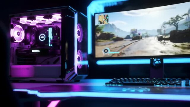 Gaming Pc Setup with Pink and Blue Neon Lights on Dark Background Showing Game on Monitor