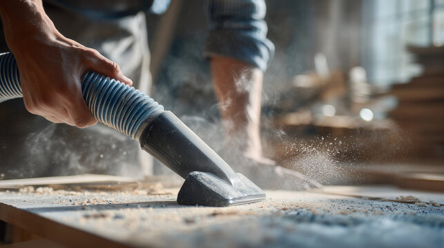 Man cleaning up sawdust with vacuum cleaner on workshop table  
