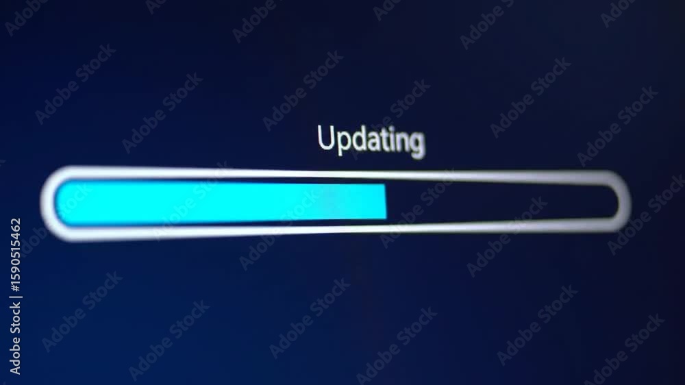 Poster graphical updating progress bar in blue displaying system updating process on a dark screen