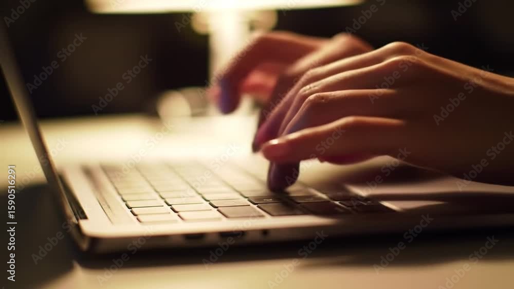 Poster hands typing on a silver laptop keyboard under soft warm lighting with blurred background for cozy w