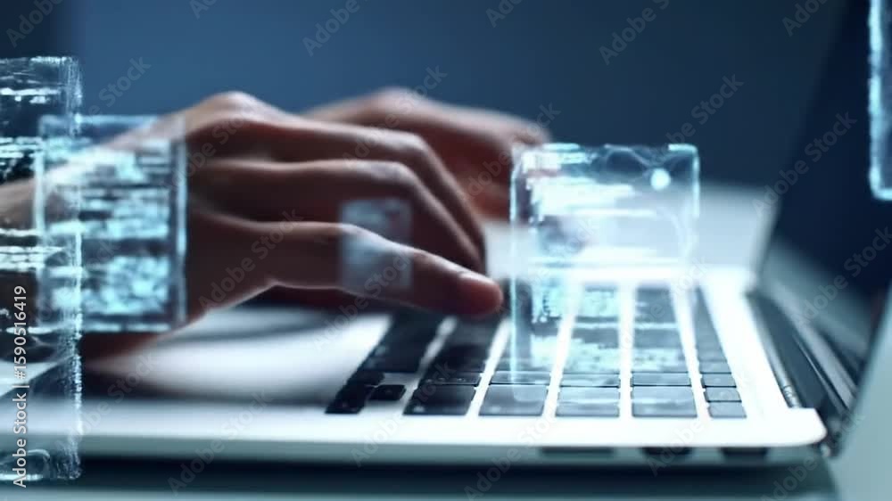 Poster hands typing on laptop keyboard with floating digital code in dark blue ambient light illustrating m