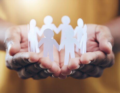 Hands holding paper people circle
