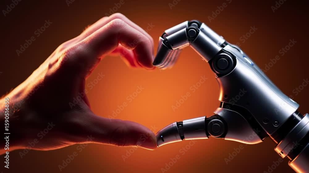 Poster heart shape formed by human and robot hands with orange gradient background showcasing artificial in