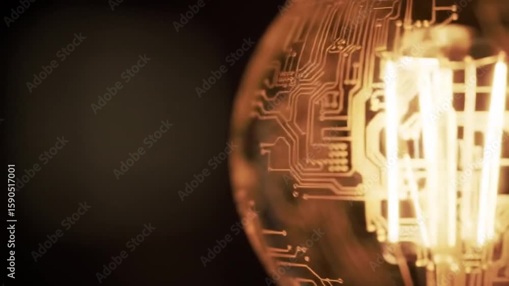 Poster illuminated circuit board lightbulb with glowing filament technology and innovation design on dark b
