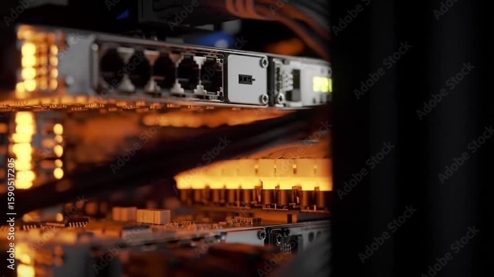 Poster illuminated server with black cables and yellow lights showing network data processing in dark techn