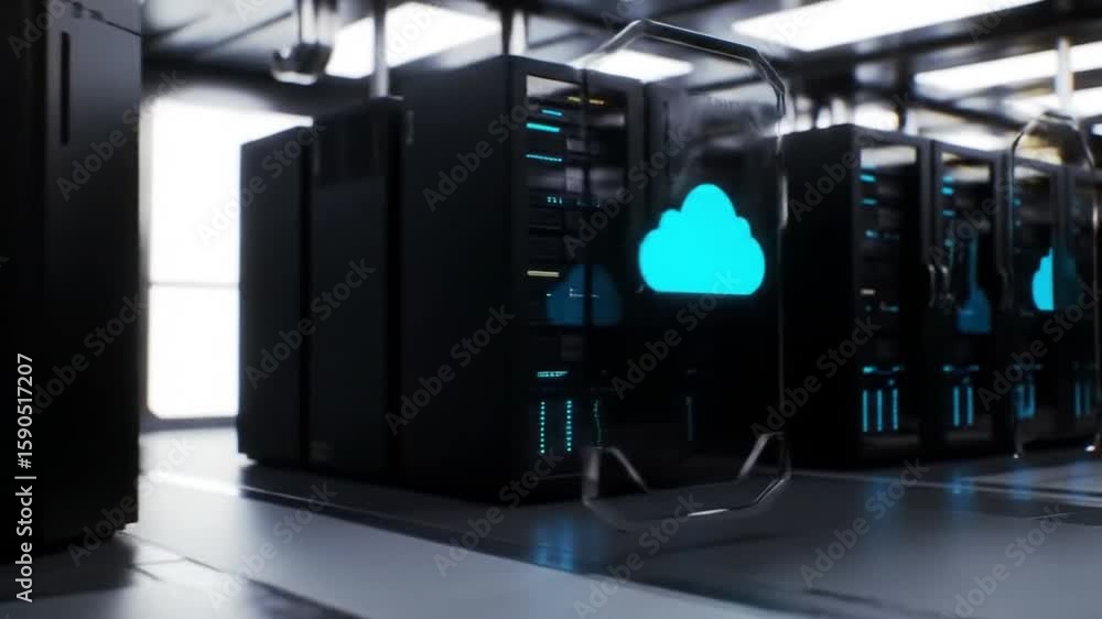 Poster illuminated server racks with blue cloud icons data center computing technology network and digital 
