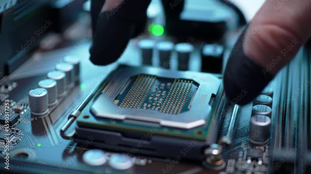 Poster installing cpu on motherboard with gloved hands for upgrade and repair in golden and blue lit electr
