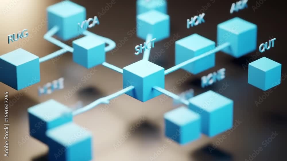 Poster interconnected blue cubes forming a network on a dark surface abstract digital structure soft focus 