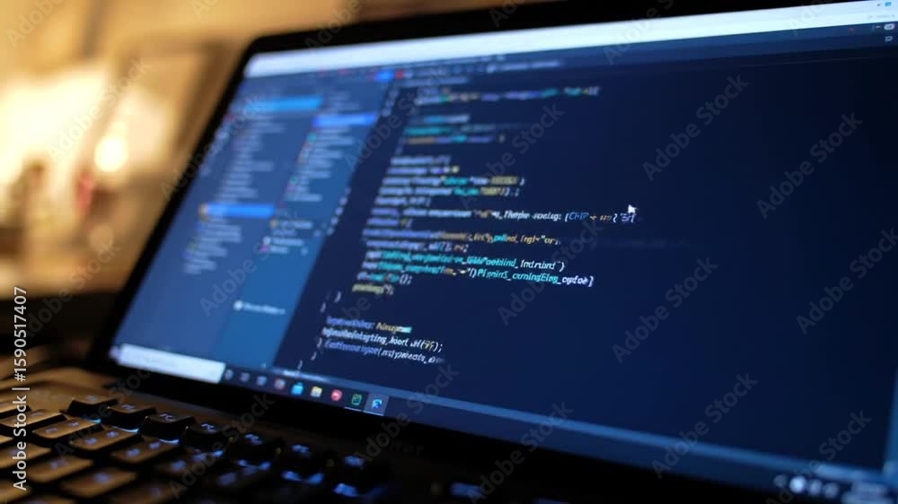 Poster laptop displaying detailed code lines on screen in dimly lit environment