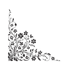 An elegant floral corner design with intricate swirling vines and blooming flowers, rendered as a black and white illustration on a white background