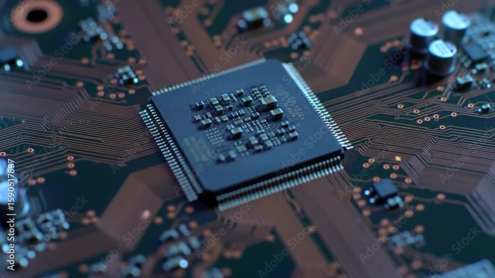 Poster microprocessor on green circuit board close up with copper interconnects and components in dark sett