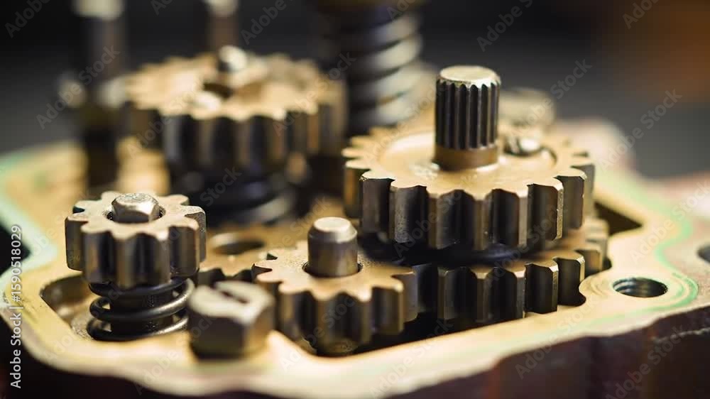 Poster mechanical gears system with interlocking metal cogs and springs engineering and industry precision 