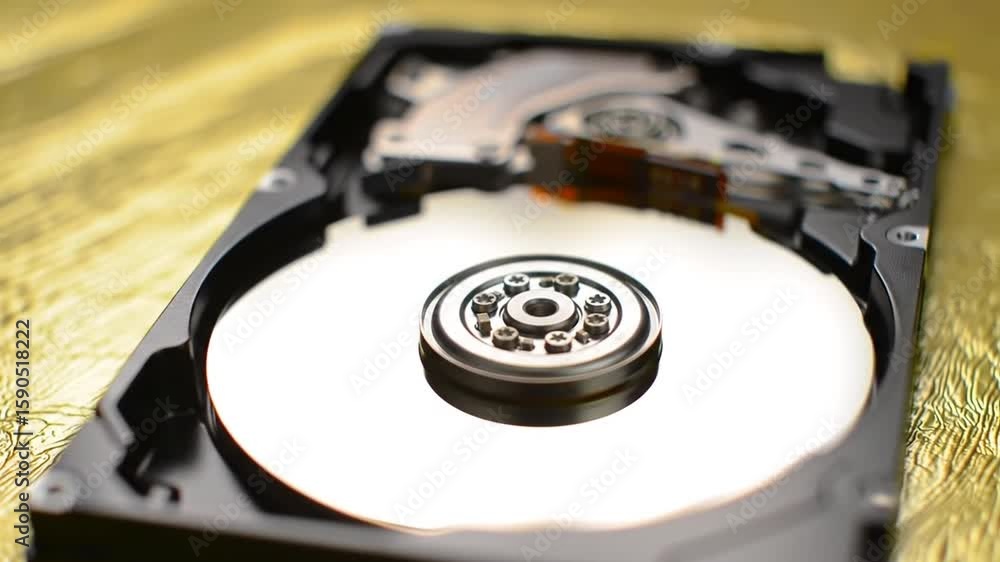Poster open hard drive with silver disk on golden background for data storage