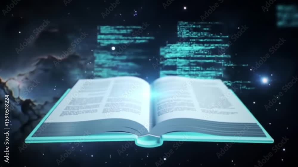 Poster open book emitting blue light surrounded by code strings and nebula in dark space background for dig