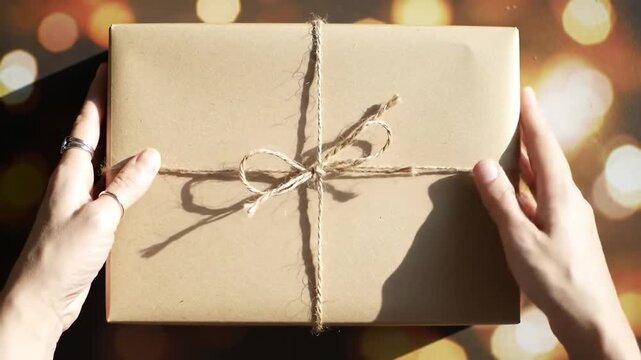 Person Holds Kraft Paper Gift with Twine Bow against Golden Bokeh Background