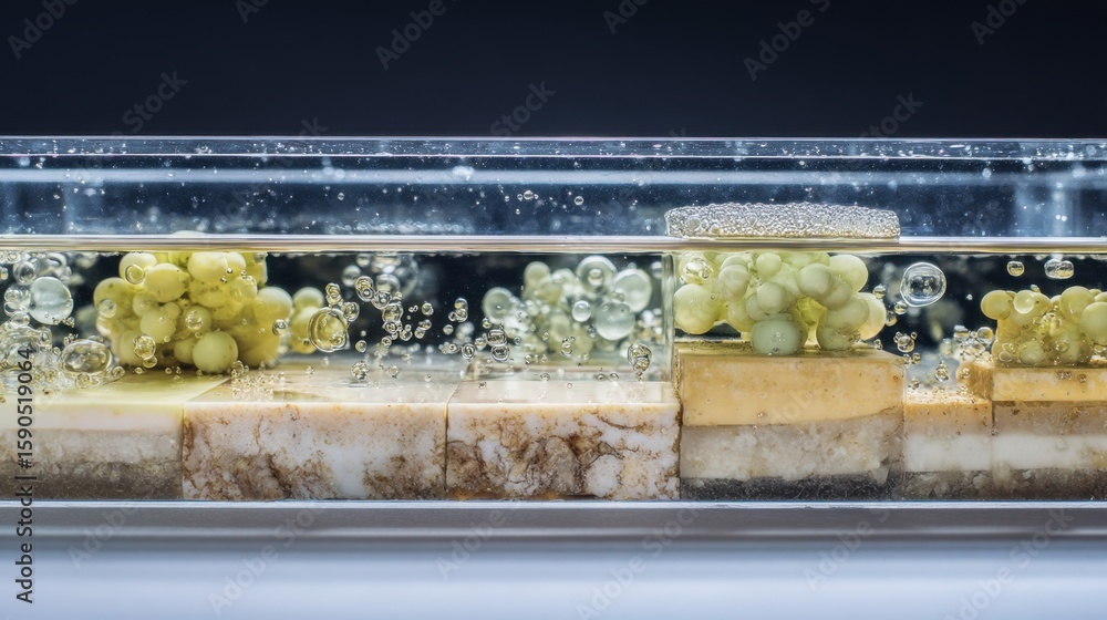 Poster transparent bioreactor section reveals biocompatible materials interacting with cell cultures, empha