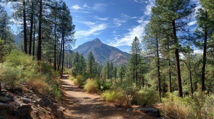 Scenic View of Mountain Trail Surrounded by Lush Green Trees Under Clear Blue Sky in Nature Landscape