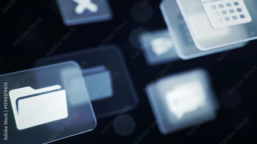 Poster translucent interface icons floating on dark background with file management and scheduling interfac