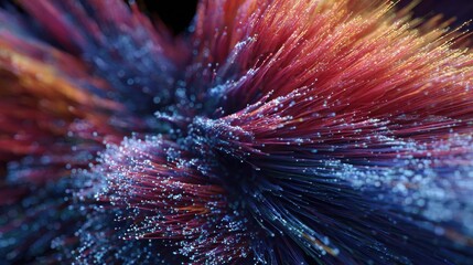 Colorful pet microfilaments dynamically respond to sonic frequencies, driven by an artificial intelligence algorithm, creating a captivating visual spectacle