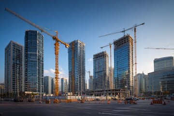 city square under construction with modern high-rise buildings and cranes, symbolizing the growth of urban development. The scene is illuminated by natural sunlight against a blue sky background. Phot