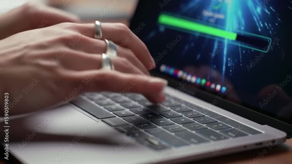 Poster typing hands on laptop keyboard with loading bar on screen in a modern office environment