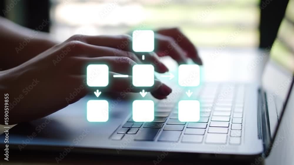 Poster typing hands on laptop with glowing flowchart overlay for business process management workflow and w