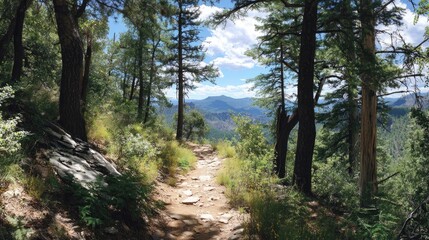 Fototapeta premium Scenic Forest Hiking Trail through Lush Greenery with Majestic Mountains in the Distance Under a Bright Blue Sky with Fluffy Clouds