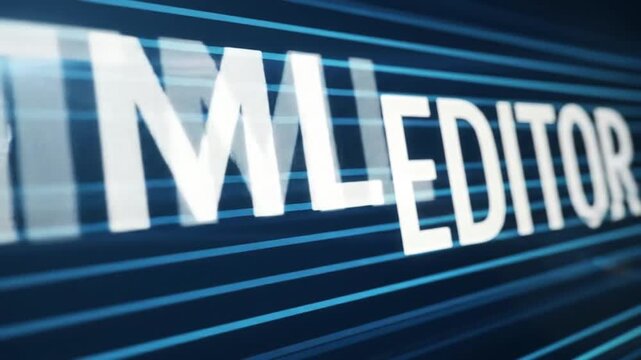 White Html Editor Text on Dark Blue Background with Abstract Blue Lines Minimalist and Modern Style
