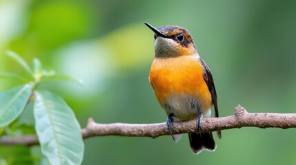Fototapeta premium Colorful hummingbird perched gracefully on a branch in lush greenery