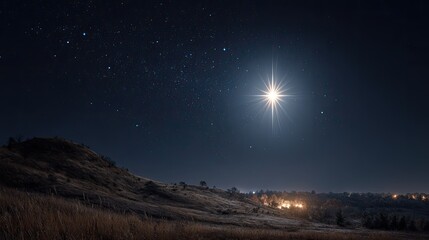 Fototapeta premium Serene Night Sky with Brilliant Star Over Quiet Landscape Illuminated by Distant Town Lights and Twinkling Stars in Clear Starry Atmosphere