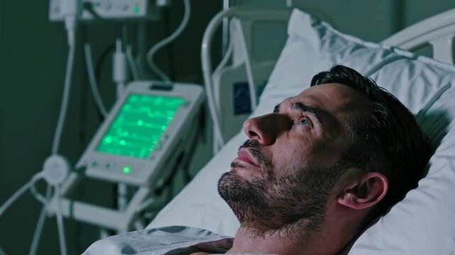 Patient's journey: man in hospital bed with heart monitor beeping