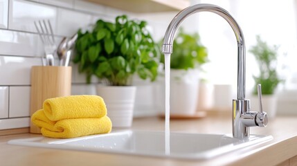 Bright kitchen scene featuring a woman in yellow gloves washing dishes
