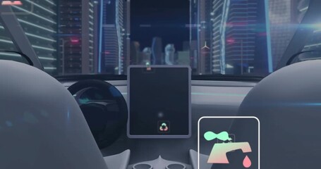 Touchscreen sending AR icons and bars floating on windshield entering city to track eco data - Powered by Adobe