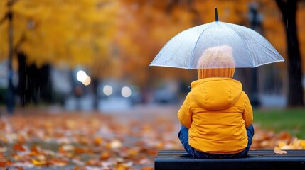 Little girl enjoying a rainy day in the park under her umbrella