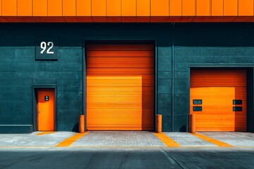 Modern industrial warehouse with orange garage doors and the number on the wall, photographed from the outside. 