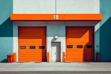 Modern industrial warehouse with orange garage doors and the number on the wall, photographed from the outside. 