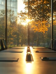 In the meeting room of an office building, soft sunlight streams through the glass onto the conference table
