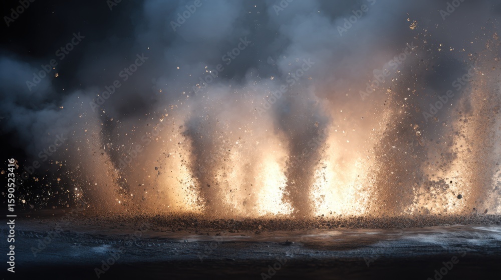 Poster jets of steam and particles burst forth from hydrothermal shock synthesizers, creating a dramatic di