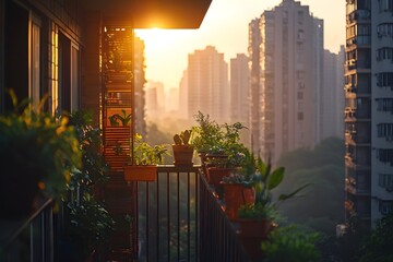 On the balcony of a residential apartment building, soft sunlight bathes the greenery