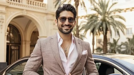 Stylish man with sunglasses smiles in front of luxury car and building - Powered by Adobe