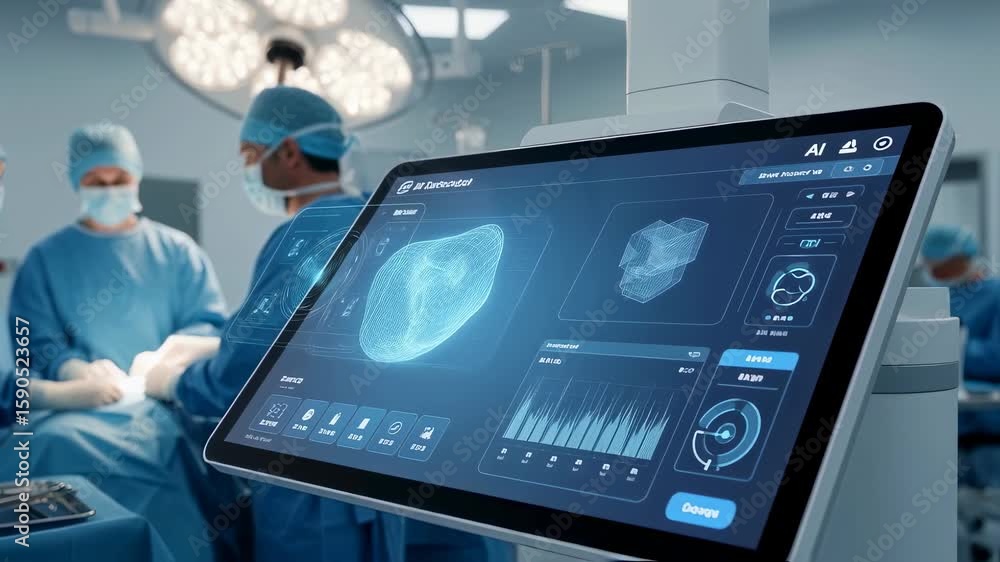 Poster in a modern operating room, surgeons are performing a complex surgical procedure, aided by a robotic