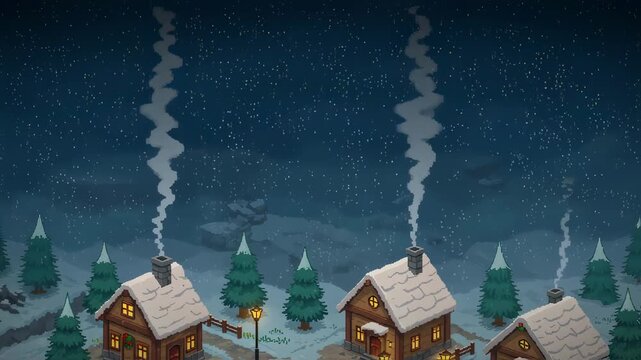 Cozy Winter Village at Night with Falling Snow and Warm Glowing Windows Isometric View