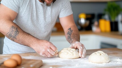 Man creating traditional Easter cross buns in a cozy kitchen
