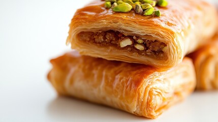 Delightful baklava with pistachio pieces resting on a white surface
