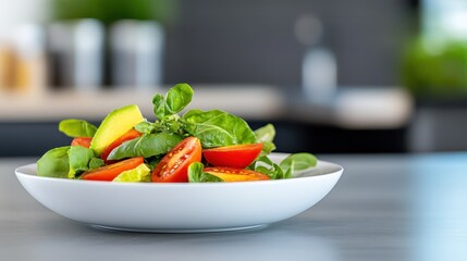 Fresh salad with lamb's lettuce, tomatoes, avocado, and curcuma lemon dressing