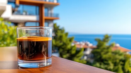 Enjoying Turkish coffee with a stunning seaside view on a summer day